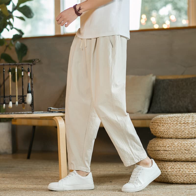 Men's Summer Lightweight Draped Sports Pants, Versatile Slim Fit Casual Trousers, Cotton Linen Cropped Pants for Men