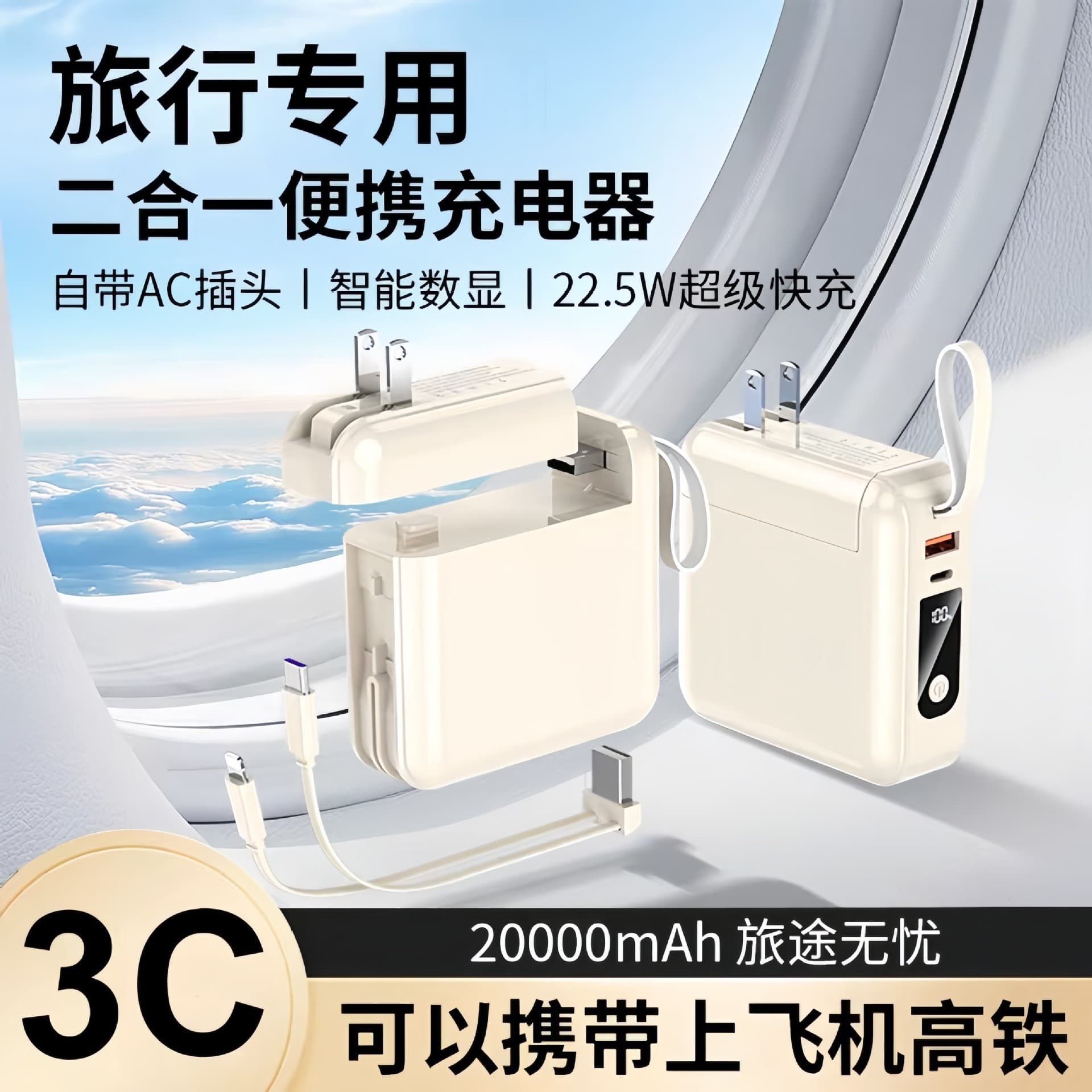 Built-in Cable AC Plug Fast Charging Power Bank 3C Certified Large Capacity Portable Mobile Power Bank Customizable Gift