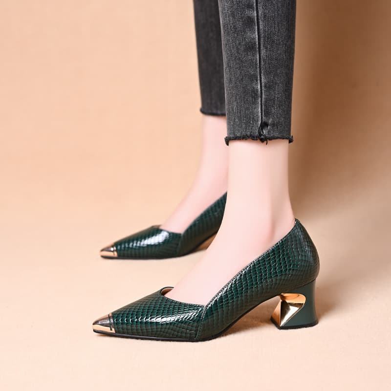 Cross-border trade pointed toe elegant shallow mid-heel single shoes French women's high heel versatile shallow heel chunky heel pumps