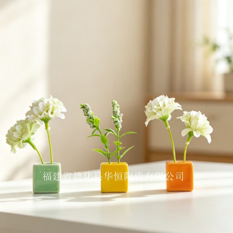 Factory custom-made fresh square mini ceramic refrigerator magnet solid color mini flower vessel refrigerator desktop dual-purpose ornaments