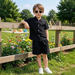 Kids European American Summer Style Boys Gentleman Pure Black Short Sleeve Shirt + Shorts Two-Piece Casual Set Ins