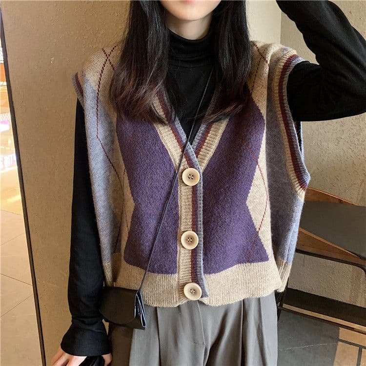 Korean Retro Diamond Knit Vest for Women, V-Neck Sleeveless Loose Sweater Vest for Spring and Autumn
