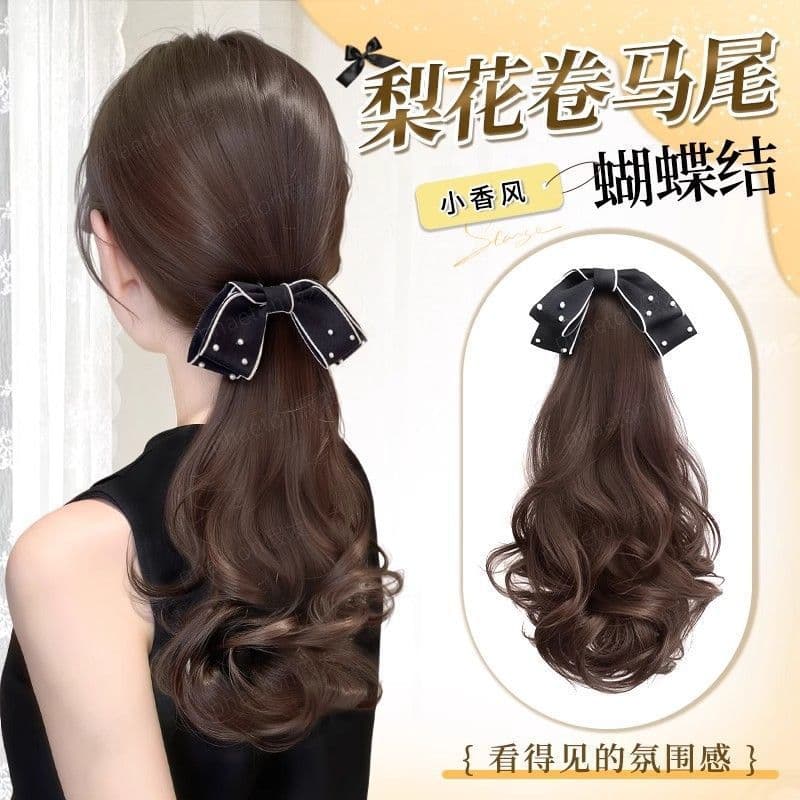 Ponytail Wig for Women, Realistic Hair Clip-on Curly Ponytail with Bow Decoration, Fluffy Natural Long Curly Wig