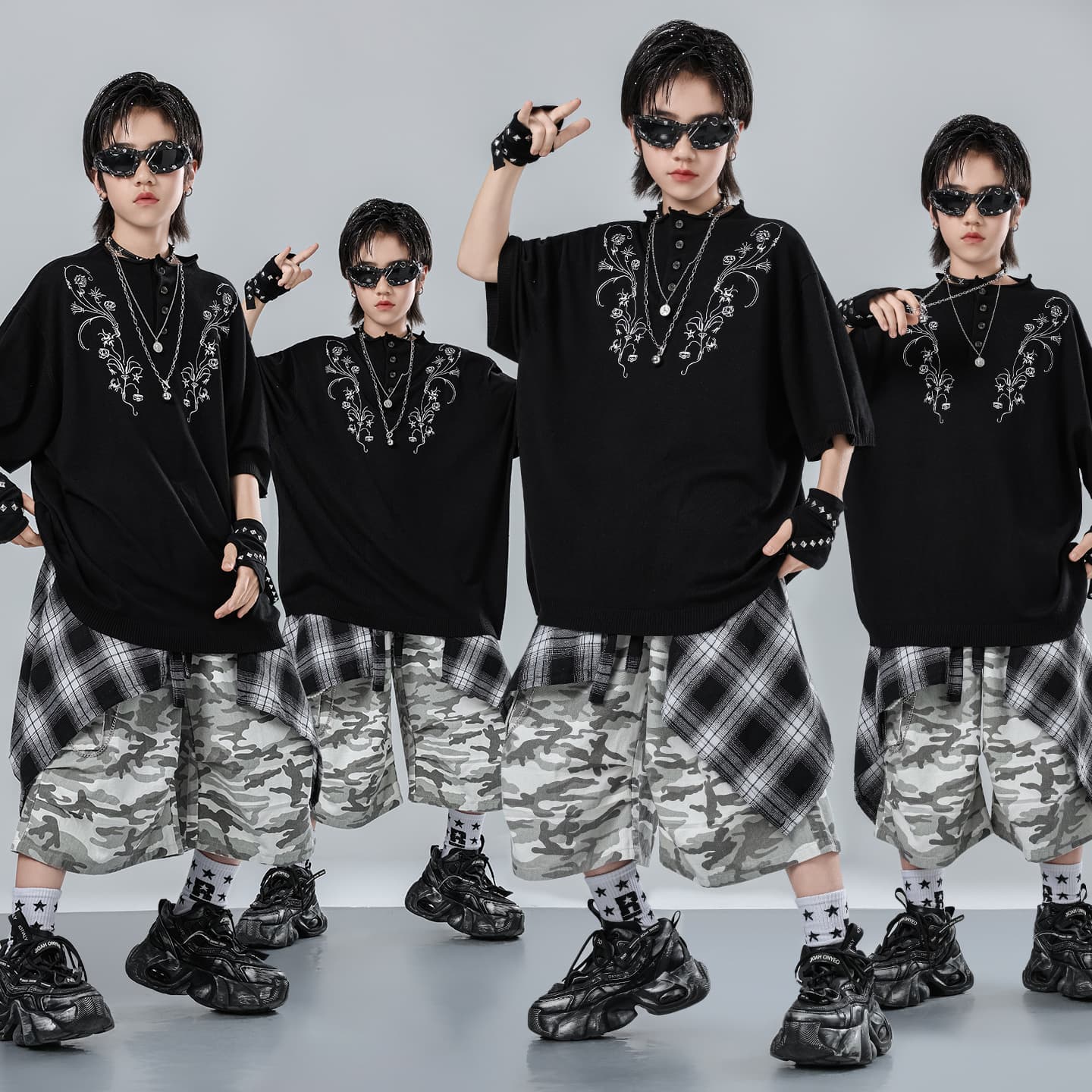Children's hip-hop trendy clothing boys hip-hop camouflage pants embroidered short-sleeved suit drum set trendy brand jazz performance clothing