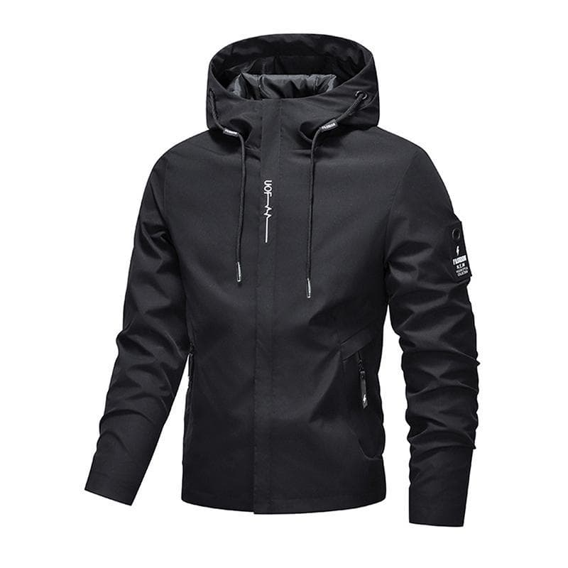 New men's windbreaker jacket, minimalist tech-style drawstring hood with zippered pockets, outdoor sports casual jacket