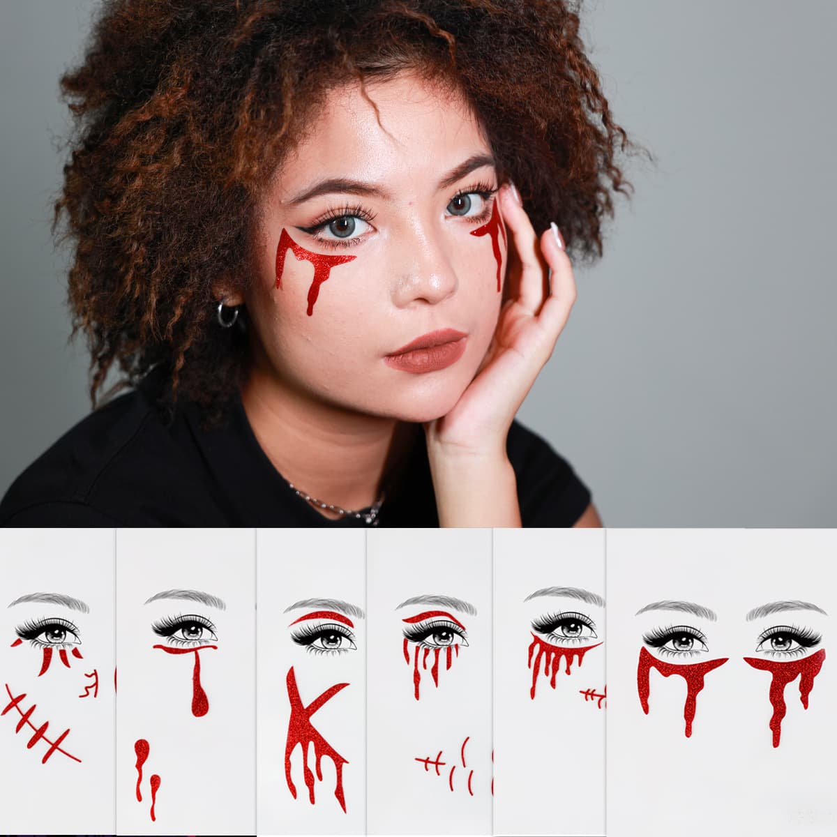 New Halloween Face Stickers Red/Pink Glitter Funny Fake Wound Facial Decoration Tattoo Wholesale