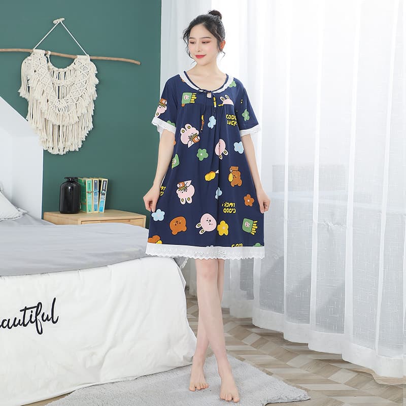 Cotton silk nightgown adult summer floral short-sleeved cotton silk dress artificial cotton home clothes street stall large size pajamas for women