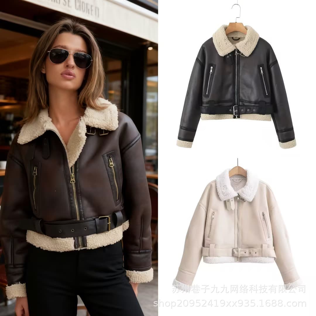 Cross-border wholesale new autumn/winter European and American style women's fur-lined short jacket motorcycle coat