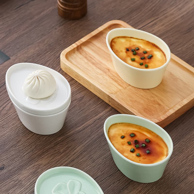 Lidded Ceramic Steaming Bowl for Babies, Water-Drop Shaped Steamer for Egg Custard, Home Double-Boiling Soup Cup