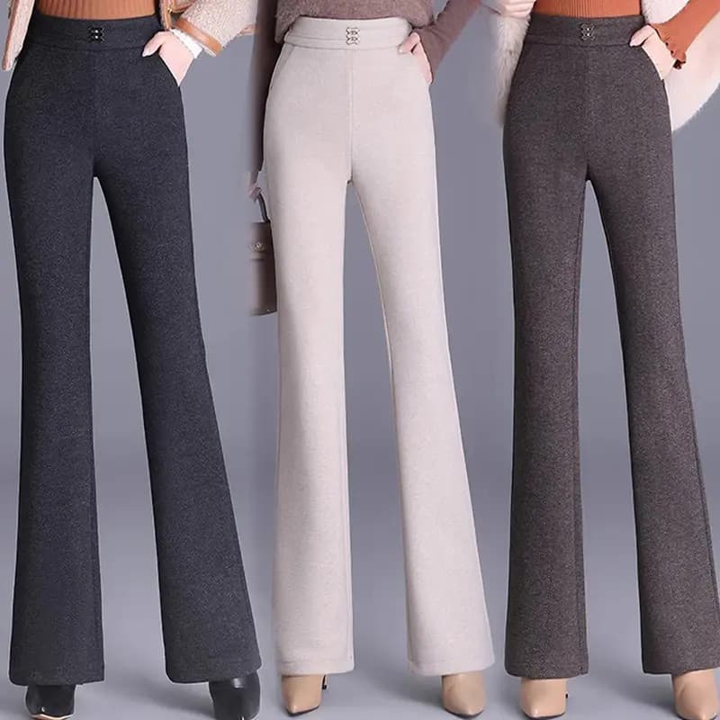High Waist Slimming Women Mom Autumn and Winter Fleece Thickened Flared Pants Elastic Waist Fashion Casual Pants