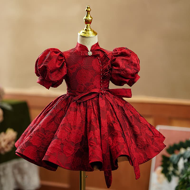Girls dress spring and autumn French style one-year-old baby girl princess dress red Chinese style flower girl child host performance costume