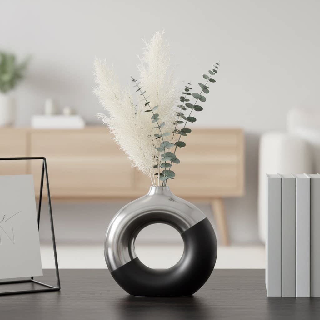 Modern Minimalist Round Vase, Metallic Texture, Black and White Color Scheme, Home Decorative Ornament, Creative Design