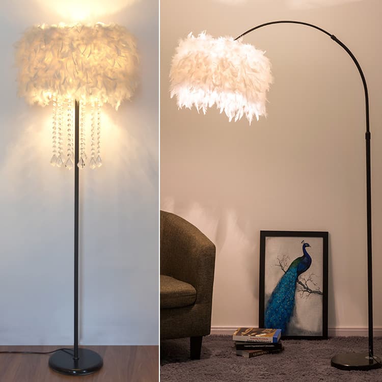 Trendy Black Feather Crystal Floor Lamp for Living Room, Study, Bedroom, Bedside Table Lamp, Streamer Fill Light