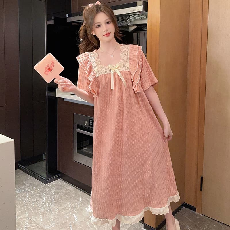 Cotton nightgown for women 2025 new summer style sweet princess style lace short-sleeved plus size plus fat loose home clothes