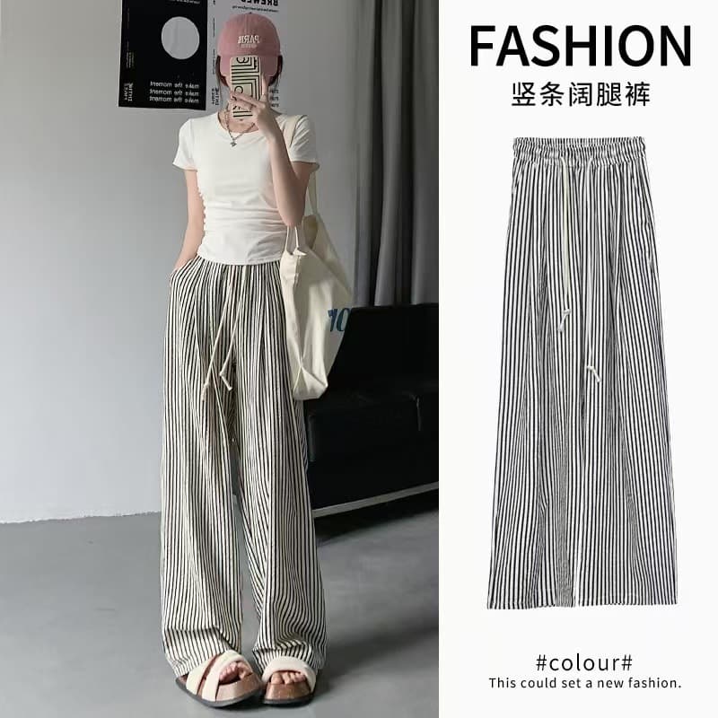 High Waist Thin Vertical Stripes Two-color Wide Leg Pants Spring Summer Design Casual Loose Style Walking Comfortable Leisure Pants