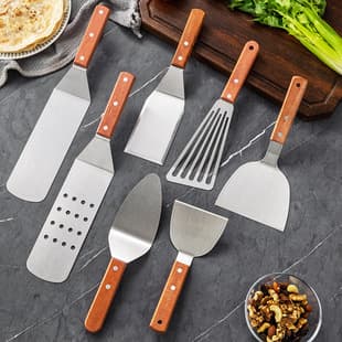Solid Wood Handle BBQ Tool Set, Spatula for Grilling, Cooking Spatula, Teppanyaki Spatula, Kitchen Spatula with Leather Strap, Food Turner