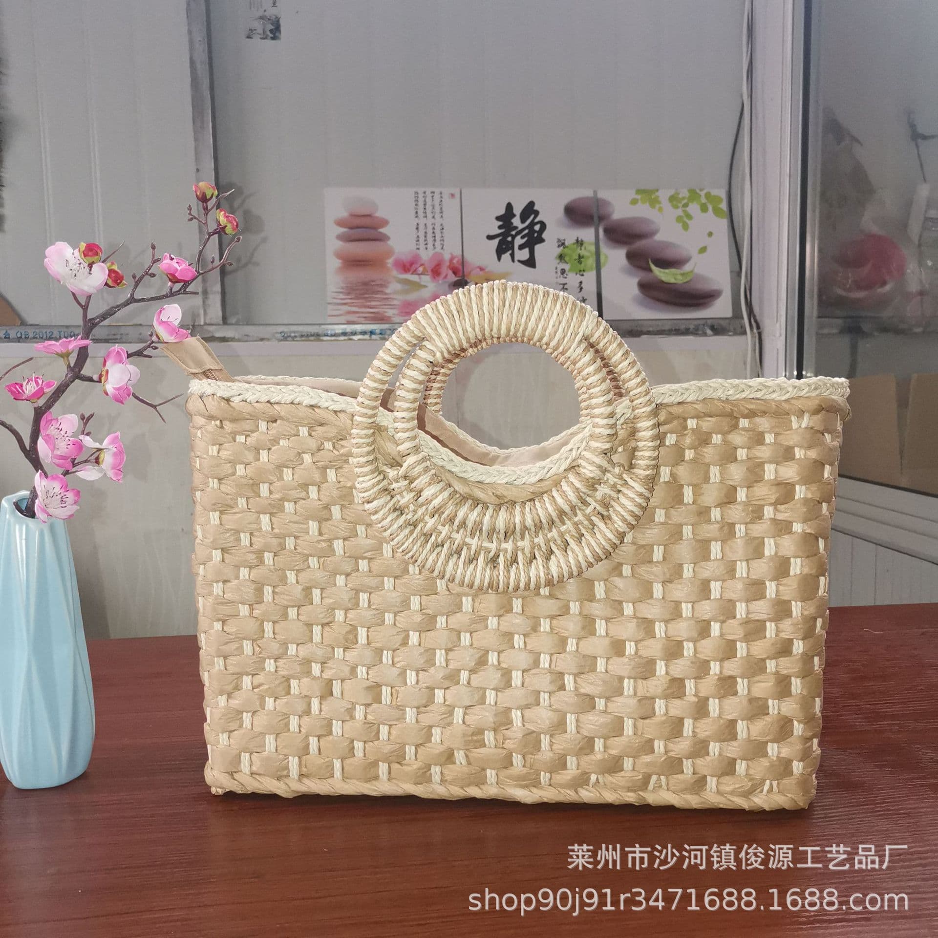 Corn Husk Paper Pullet Open-Top Straw Bag, Bamboo Rattan Large Round Handle Handbag Casual Women's Bag