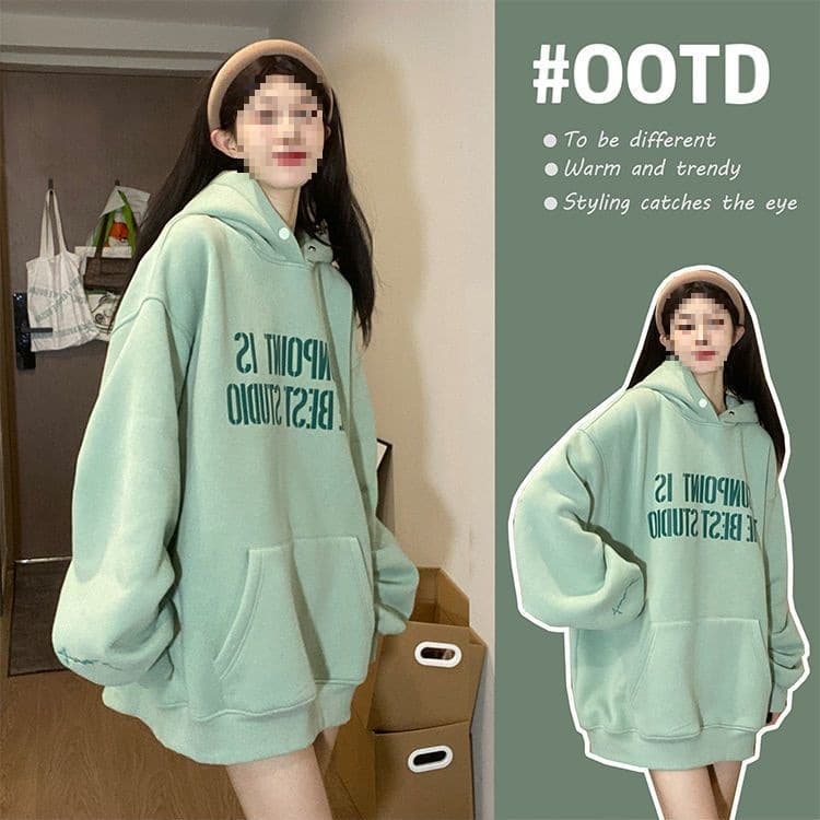 Plus-size American retro hooded sweatshirt for women, loose and versatile lazy style casual jacket for spring and autumn.