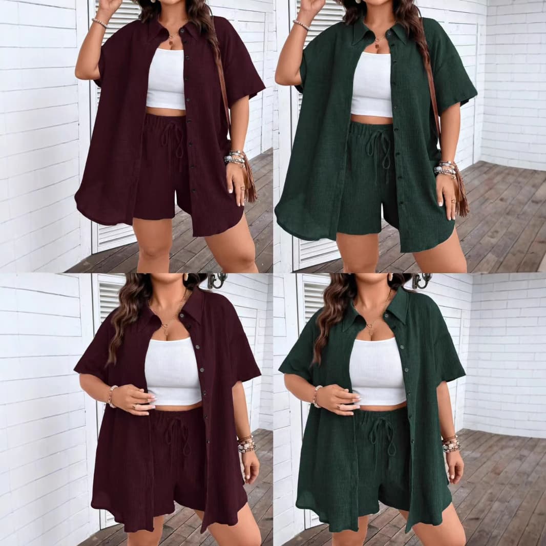 Amazon Cross-Border EU US New Plus Size Women's Solid Color Cardigan Shorts Set Two-Piece Set for Curvy Women