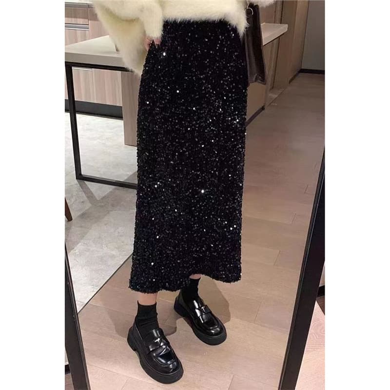 Velvet Sequin Midi Skirt Women Spring Autumn Winter Glitter High-Waisted Slit Skirt This Year's Popular Black Long Skirt
