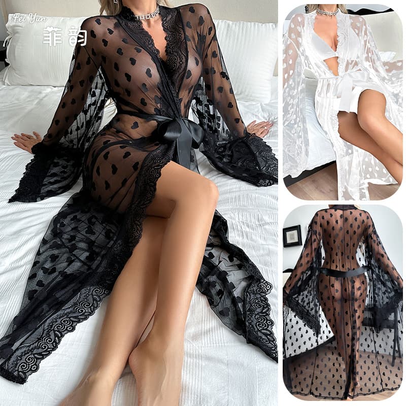 European and American Cross-Border Sexy Mesh Heart Bathrobe Lace Seductive See-Through Sleepwear for Women Outerwear Homewear Wholesale 336