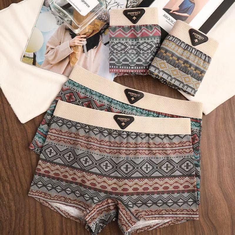 New Women's Underwear Ethnic Style Sporty Trend Breathable Hipster Mid-Rise Boxer Shorts Base Layer Retro Print
