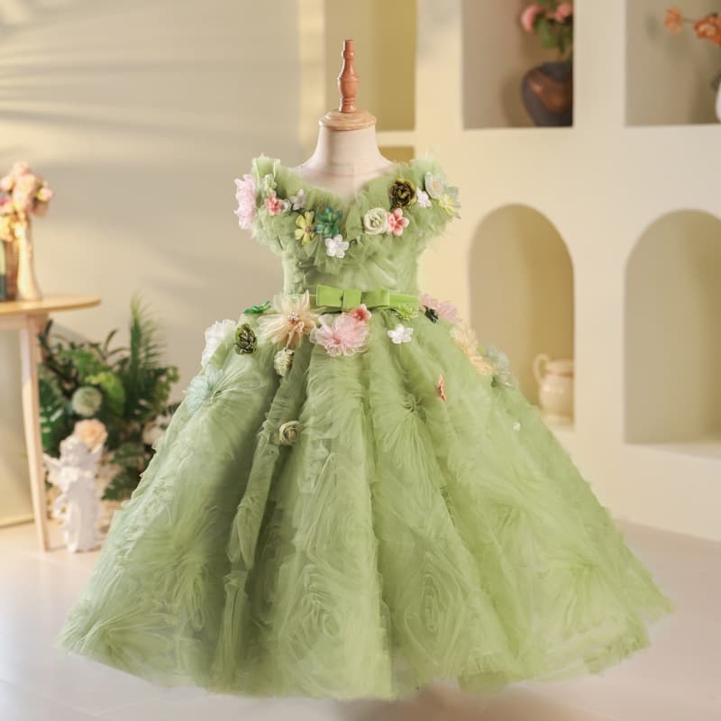 Children's Green Elf Forest Floral Birthday Princess Dress, Girl Host Catwalk Piano Performance Suit Spring