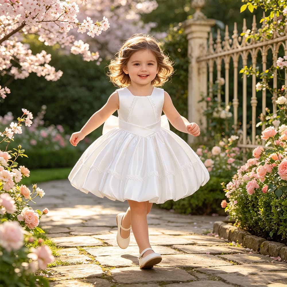 INS Cross-border Minimalist Lace White Satin Baby Dress for 100 Days and First Birthday, Baptism Outfit, Flower Bud Princess Dress