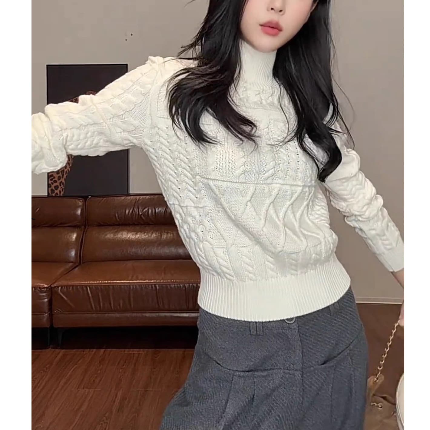French White Cable Knit High Neck Base Layer Top for Women, Fall Winter Premium Style Fitted Short Top