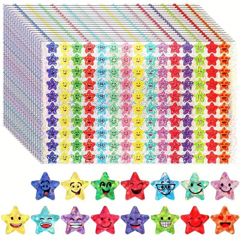 Glitter Foil Small Star Stickers, 15 Designs Student Reward Happy Stickers, Glitter Foil Star Stickers