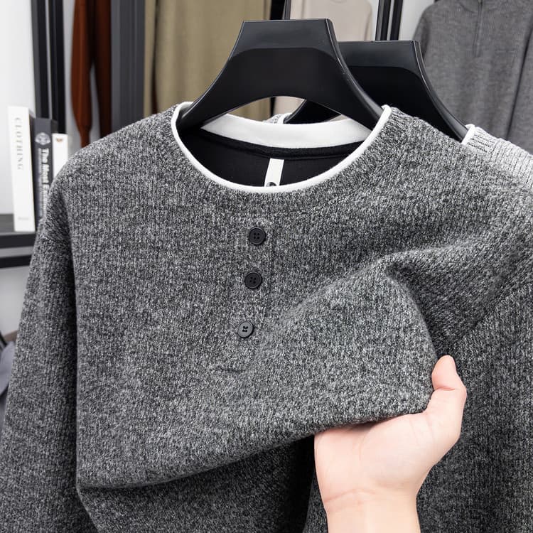 Fake two-piece sweatshirt men's thickened winter new youth Henry collar knitted sweater men's casual inner wear trend