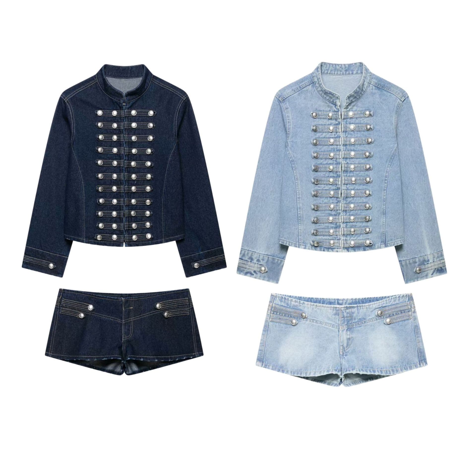 PB&ZA Napoleon Button Slim Fit Denim Jacket Top / Versatile Low-Rise Casual Denim Shorts 0695003