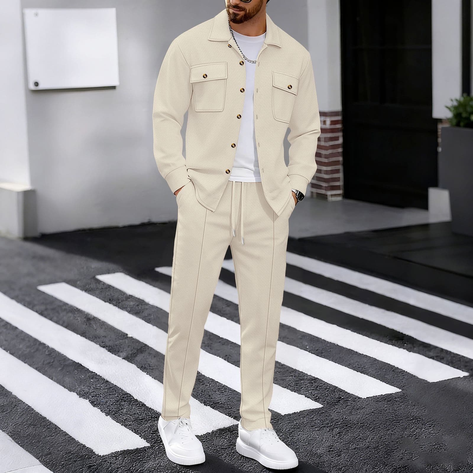 Amazon New Men's Casual Waffle Textured Solid Work Jacket with Lapel Collar and Long Pants Two-Piece Set