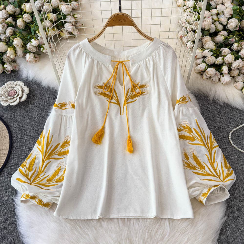 Vintage Ethnic Embroidery Tie-Front Long-Sleeve Blouse for Women, 2025 Summer New Loose Fit Slimming Babydoll Top