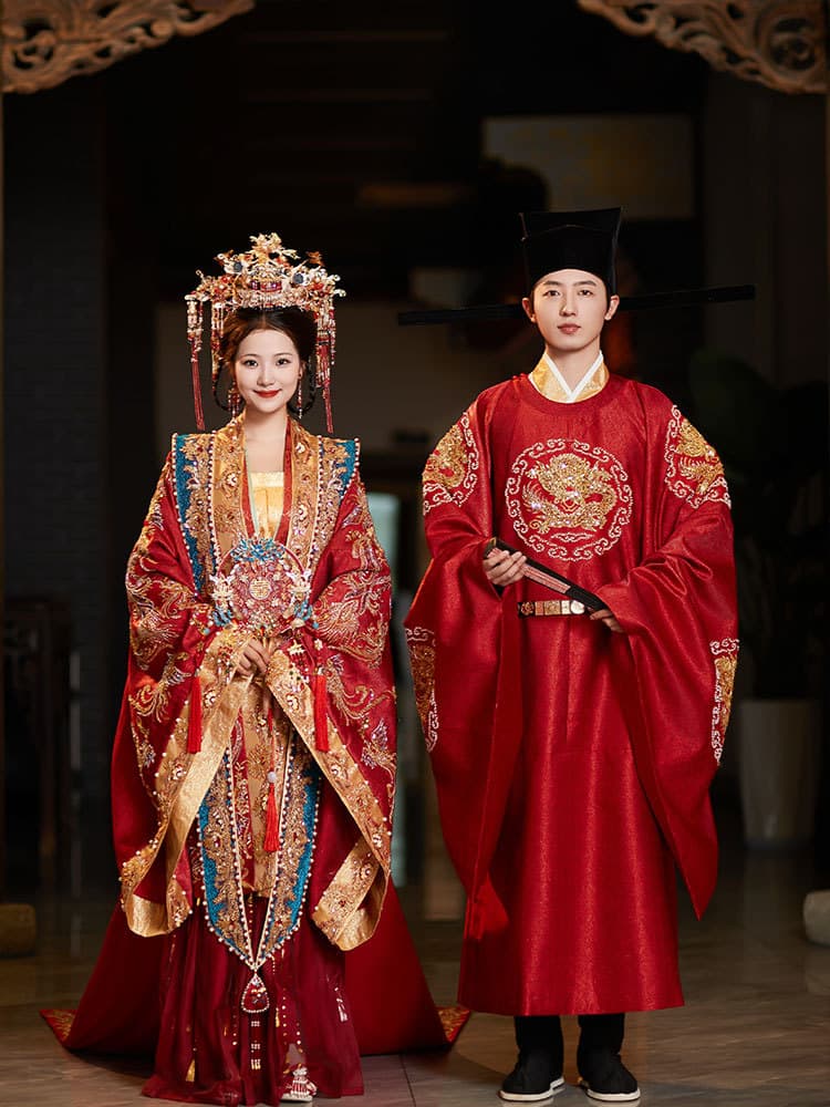 Song Dynasty Hanfu Wedding Dress Heavy Craft Ancient Chinese Wedding Gown Phoenix Coronet and Cape Couple Set Full Dragon and Phoenix Gown