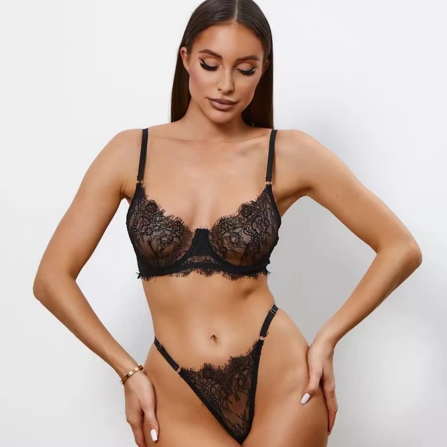European and American Lingerie Big Bust Minimizer French Sheer Eyelash Lace Thin Bra Thong Set Wholesale