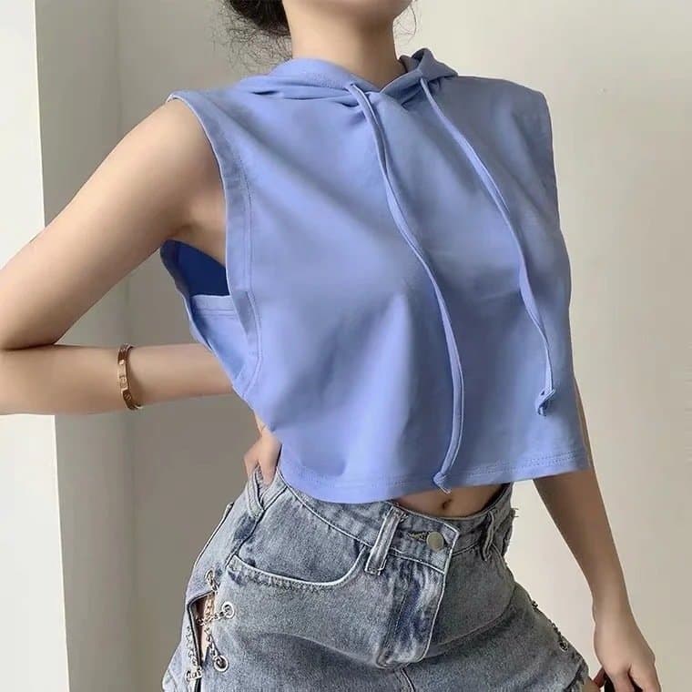 Street Snap Trendy Hip-Hop Hoodie Drawstring Sleeveless Crop Top Casual Sportswear