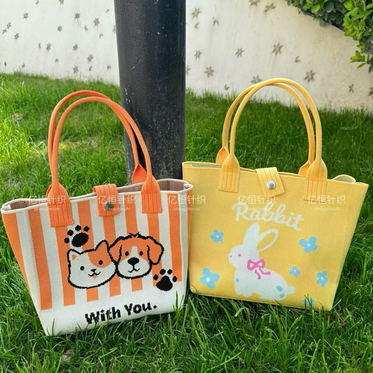 Korean-style cartoon knitted handbag, dopamine color scheme, spring fashion versatile mom bag, portable handbag