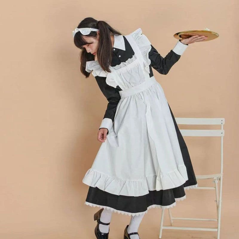 Japanese-style cute everyday dress, black and white traditional maid dress, British butler outfit