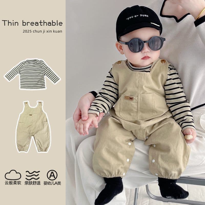 2026 Spring Autumn New Baby Overalls Set Boy Striped Long Sleeve Bodysuit Class A Pure Cotton Crawler