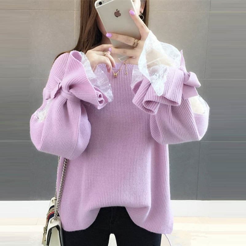 Spring/Autumn New Style Lantern Sleeve Sweater Knitted Base Shirt Lace Solid Color Long Sleeve Top Thickened Student Outerwear