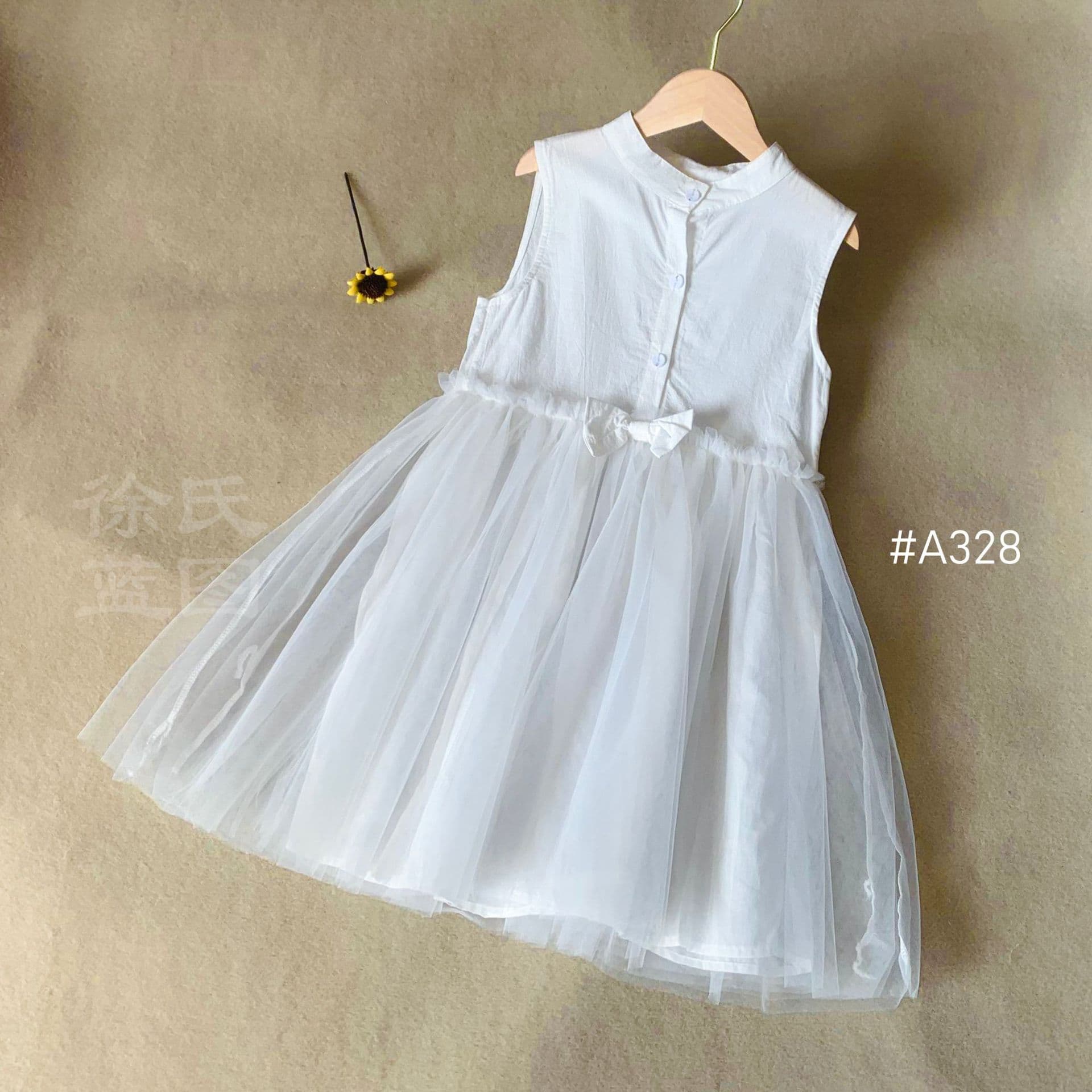 Tie-Dye White Base Girls White Dress Summer Children Pure Color Princess Dress Round Neck Stylish White Tulle Skirt