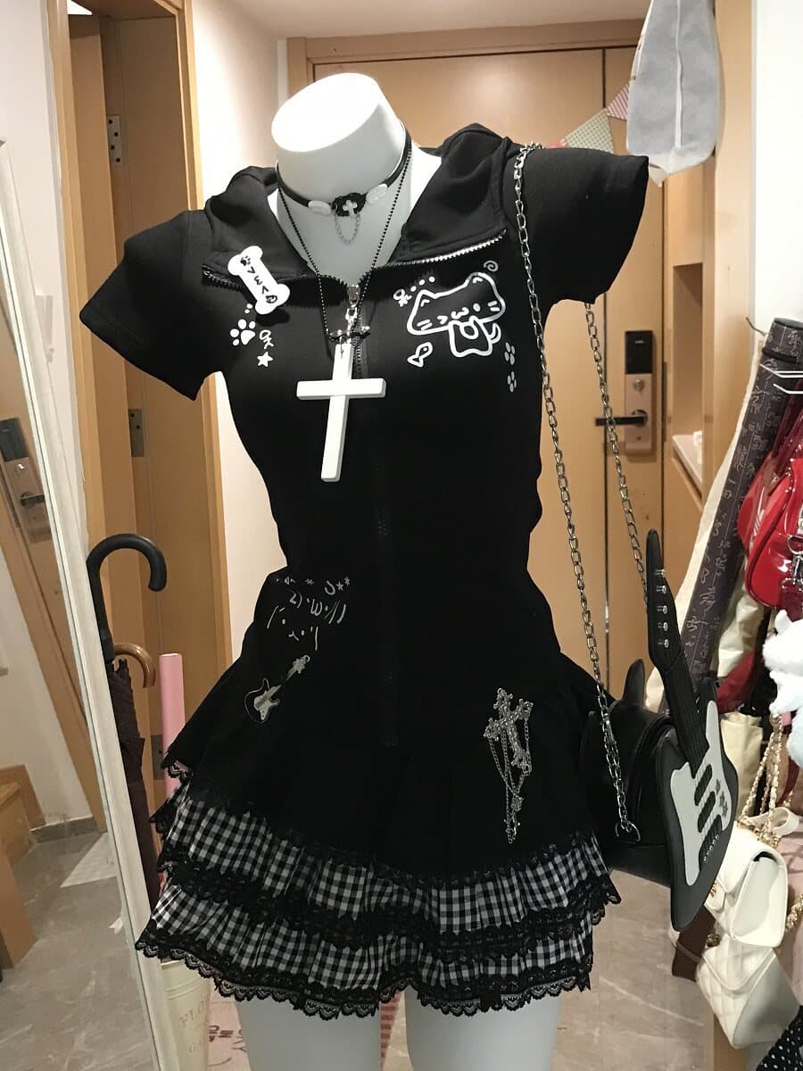Japanese Cute Subculture Set, Summer Home Style Hooded Top Short Sleeve, Women's Puffy Cake Skirt Short Skirt Two-Piece Set
