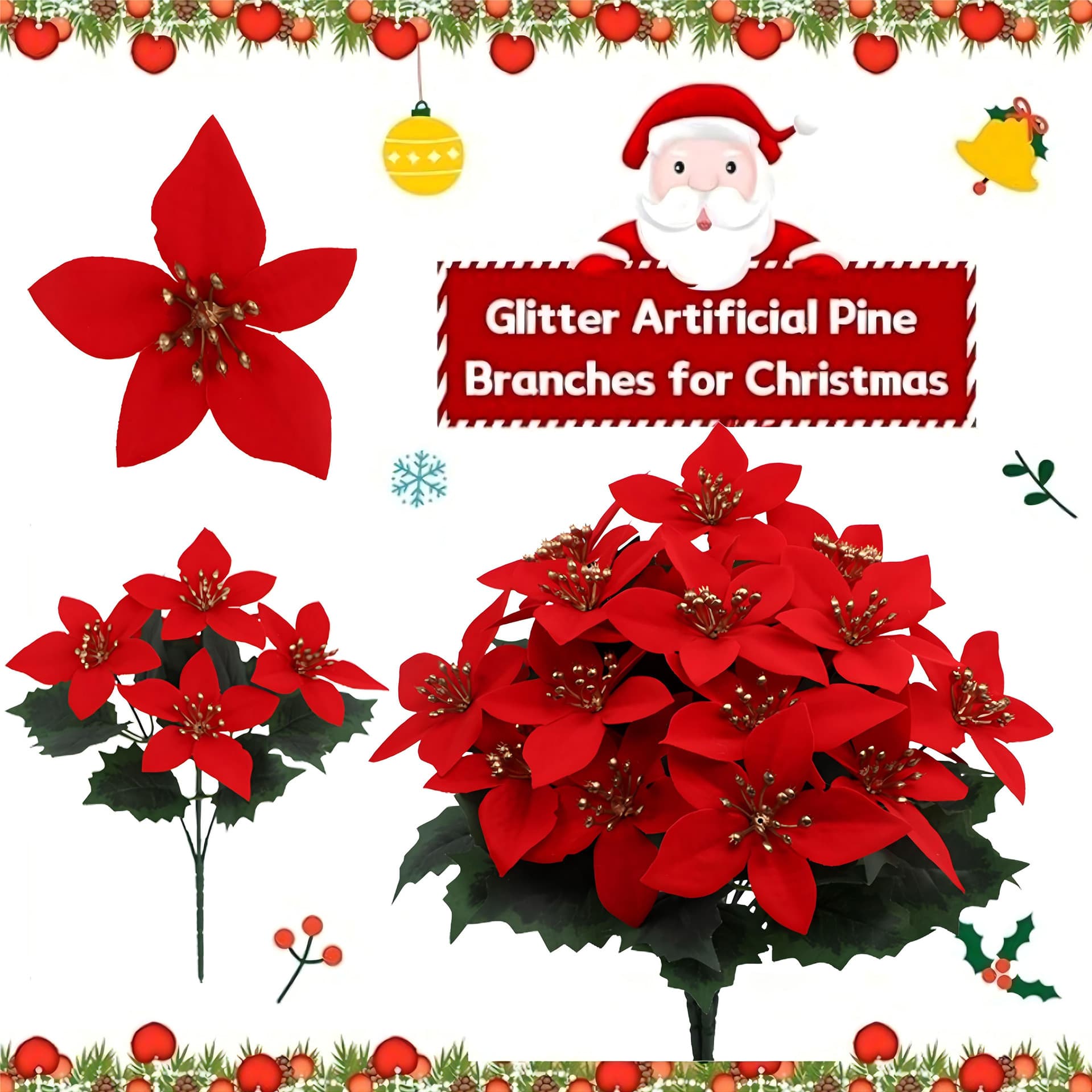 Christmas 5-fork bouquet, artificial poinsettia, home decoration, green plant, outdoor accessories, fake flower wholesale ornaments