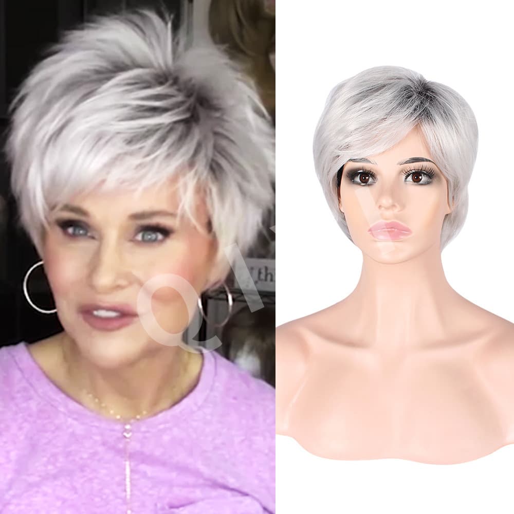 European and American fashion wig for women, bleached short hair, fluffy curly hair, silver white synthetic fiber full wig, wholesale