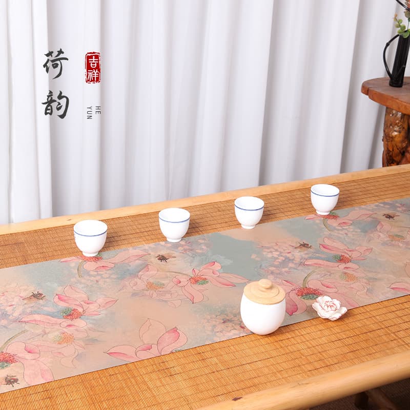 New Chinese double-sided waterproof tea mat, long lotus-pattern classical brocade tea tablecloth with runner