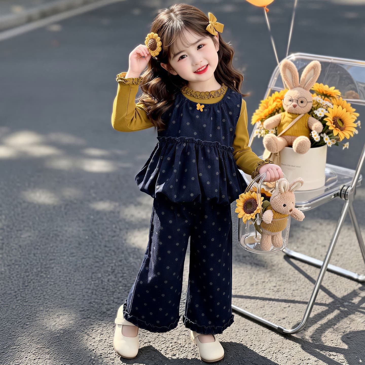 Export Girls Fall Polka Dot Denim-Like 3-Piece Set 2026 New Stylish Kids Outfit for Girls Trendy Children's Clothing