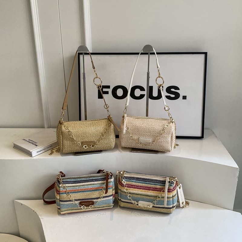 French Rainbow Straw Woven Bag Women 2026 New Pillow Bag Colorful Shoulder Bag Crossbody Bag Fashion Beach Bag