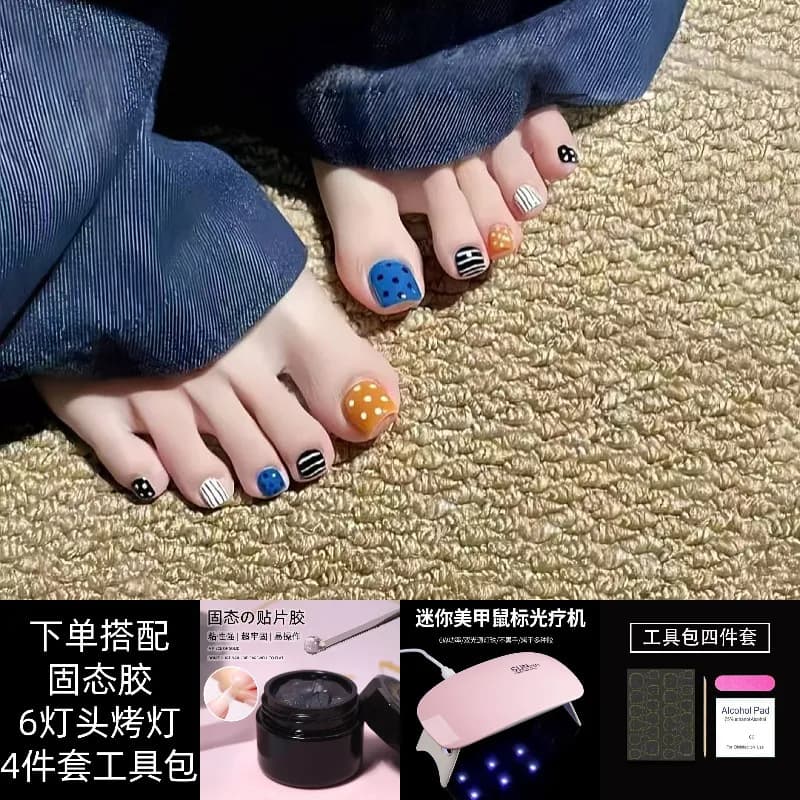 Toe Nail Tips Contrast Blue Orange Party Retro Polka Dot Stripe Solid Gel with UV Lamp Fake Nail Tips Self-Adhesive Full Set