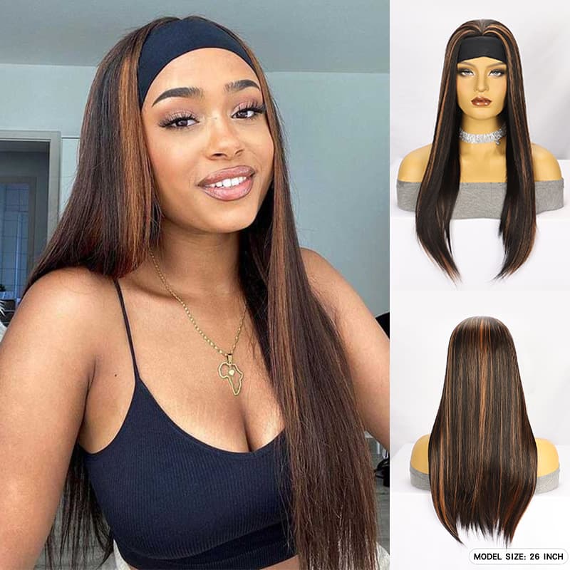 Fashionable Long Straight Hair Wig for Women Ice Silk Fiber Synthetic Head Cover Gold Mixed Color Hairband Stylish Hairpiece